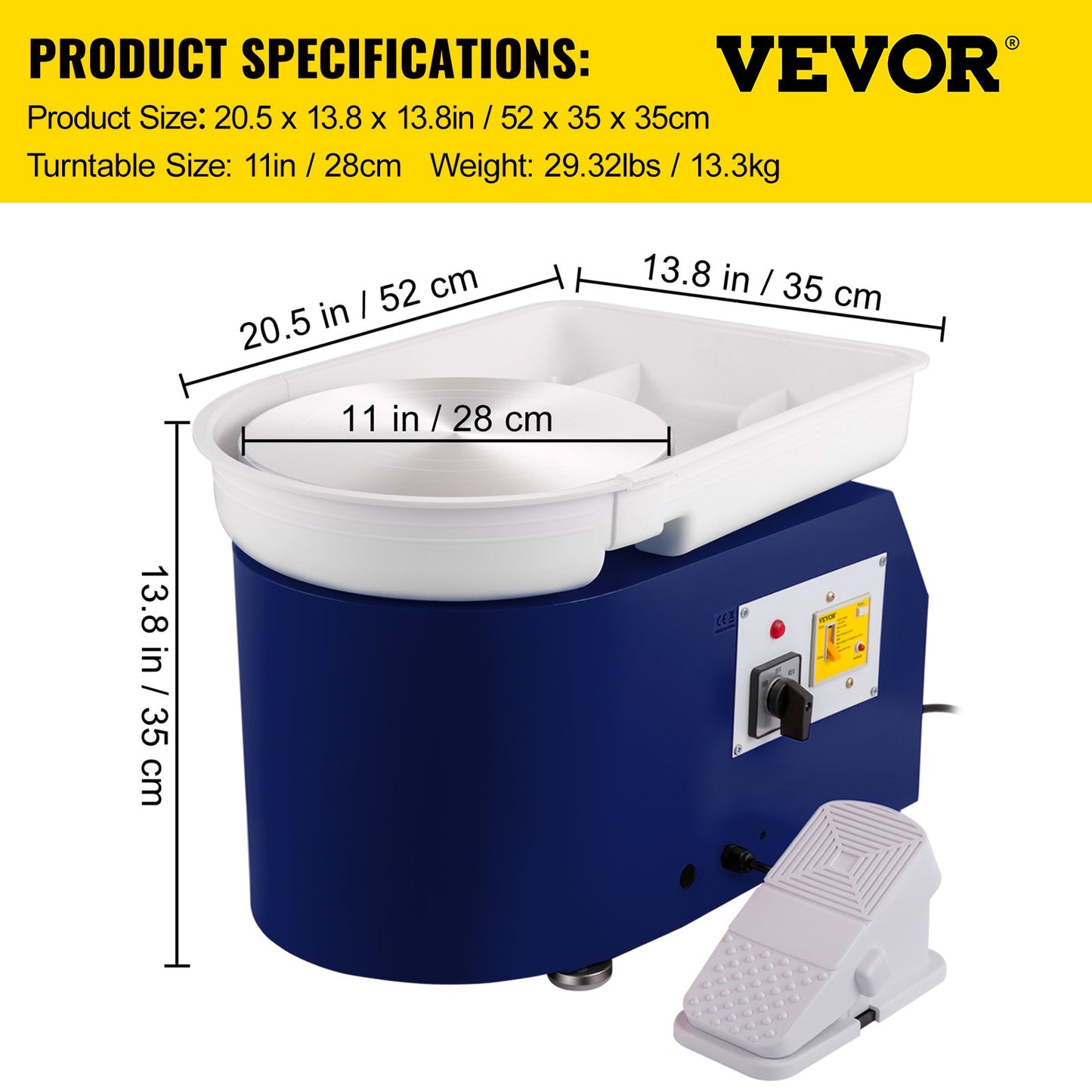 Keramikhjul 11in 0-300 rpm Keramiskt hjul, 350W justerbar hastighetsformningsmaskin med skulpteringsverktyg och förkläde, avtagbar bassängfotpedalkontroll för konsthantverk och hemma DIY Blue