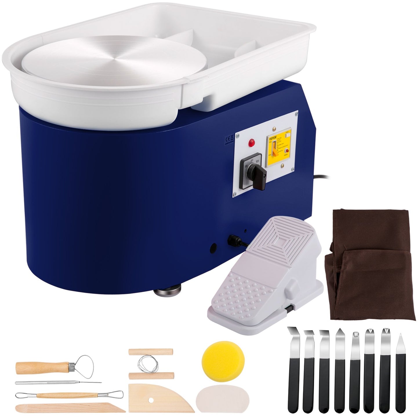 Keramikhjul 11in 0-300 rpm Keramiskt hjul, 350W justerbar hastighetsformningsmaskin med skulpteringsverktyg och förkläde, avtagbar bassängfotpedalkontroll för konsthantverk och hemma DIY Blue