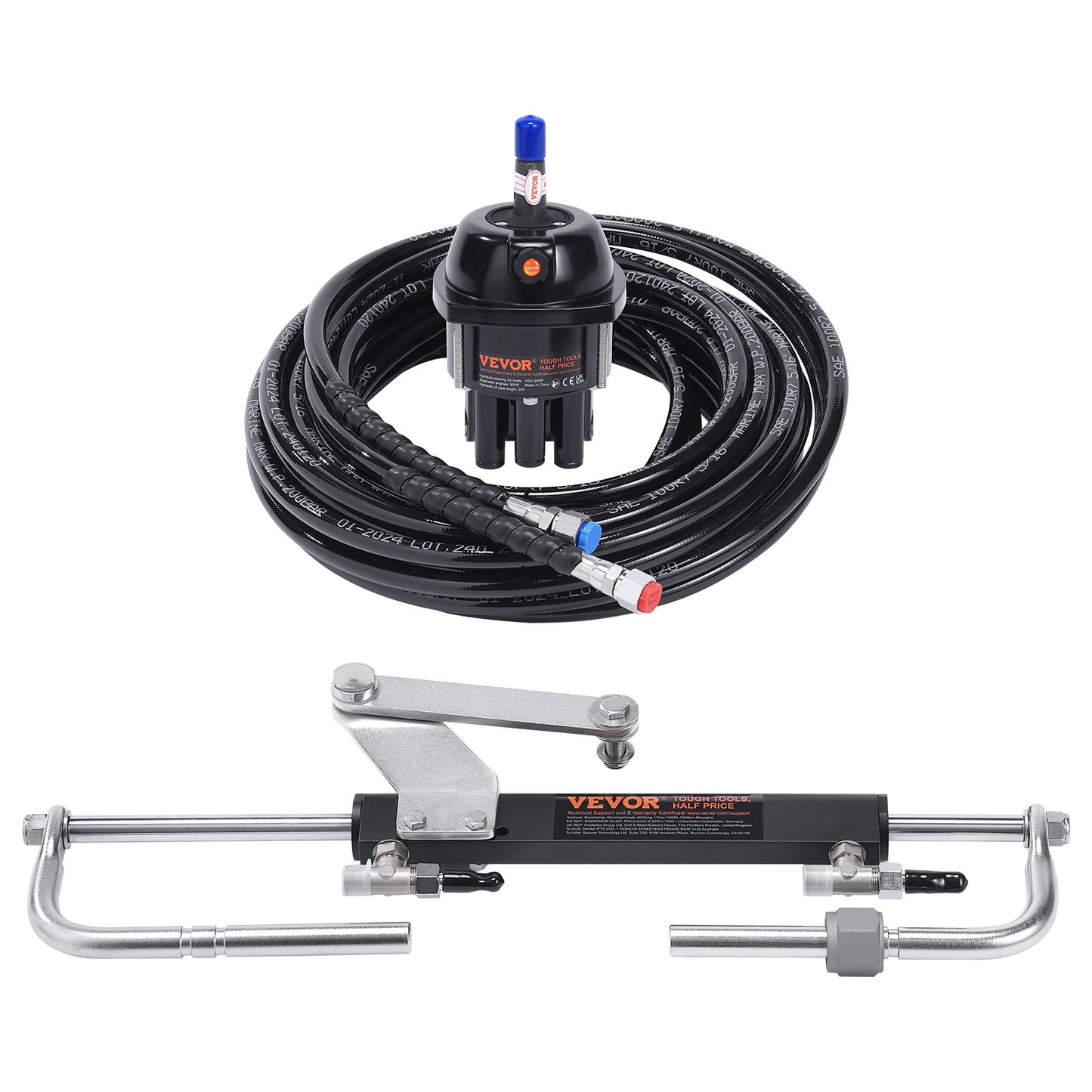 Hydraulisches Außenbord-Lenkkit, 90 PS, hydraulisches Lenksystem für Marineboote, mit Ruderpumpe, Zweiwege-Sperrzylinder und 24 Fuß langem hydraulischen Lenkschlauch, für Einmotorboote mit einer Station