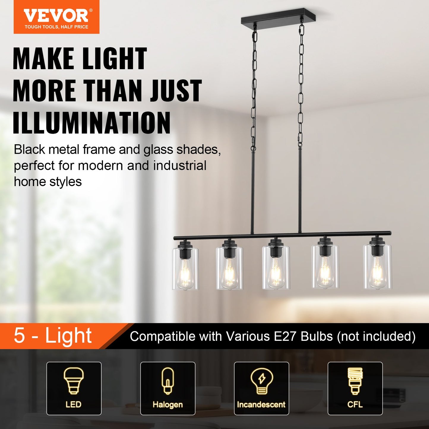 5-Light Kitchen Island Pendellampor 60W Justerbar matsalslampa E27
