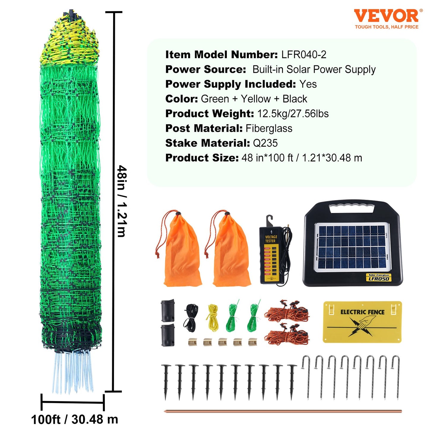 Elektrozaunnetz, 122 cm H x 254 cm L, PE-Maschenzaun mit Solarladegerät/Pfosten/Doppelspitzen, tragbares Netz für Hühner, Enten, Gänse, Kaninchen, verwendet in Hinterhöfen, auf Bauernhöfen und Ranches