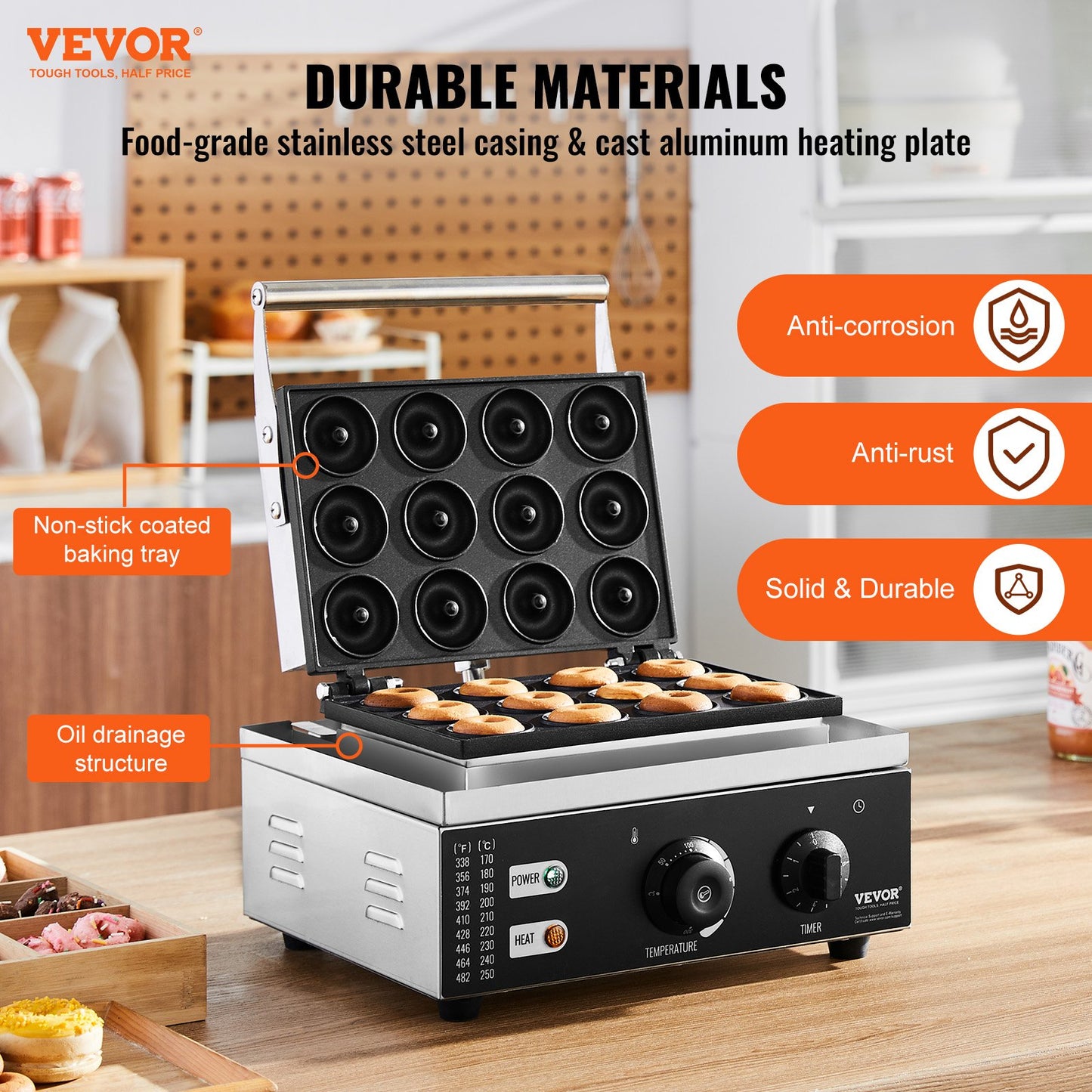 Elektrisk munkmaskin, 1550 W kommersiell munkmaskin med non-stick-yta, 12-håls dubbelsidig uppvärmningsvåffelmaskin gör 12 munkar, temperatur 50-300 ℃, för restaurang- och hemmabruk