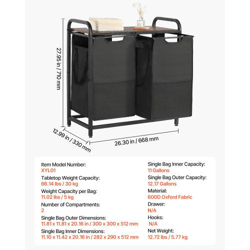 2-section laundry sorter with pull-out bags, metal frame and wooden table top | EU