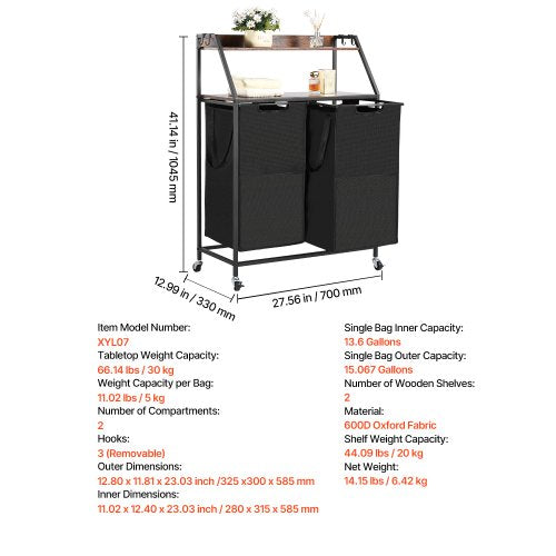 2-tier laundry basket with wheels and hooks, 2 sections | EU