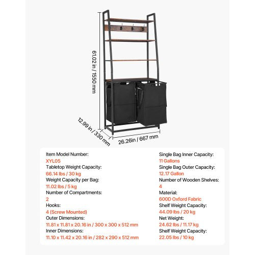 4-tier laundry basket with shelves and hooks, 2 sections | EU