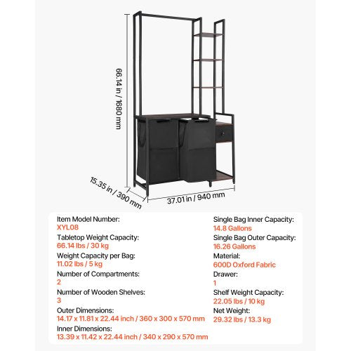 3-tier laundry basket with rack, tall laundry basket with shelves, 2 sections | EU