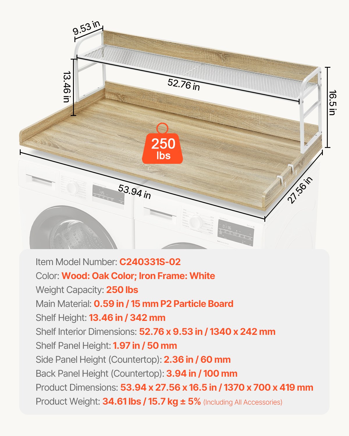Tvättmaskin torktumlare bänkskiva med hylla 54"x27" trä tvättmaskin torktumlare ek