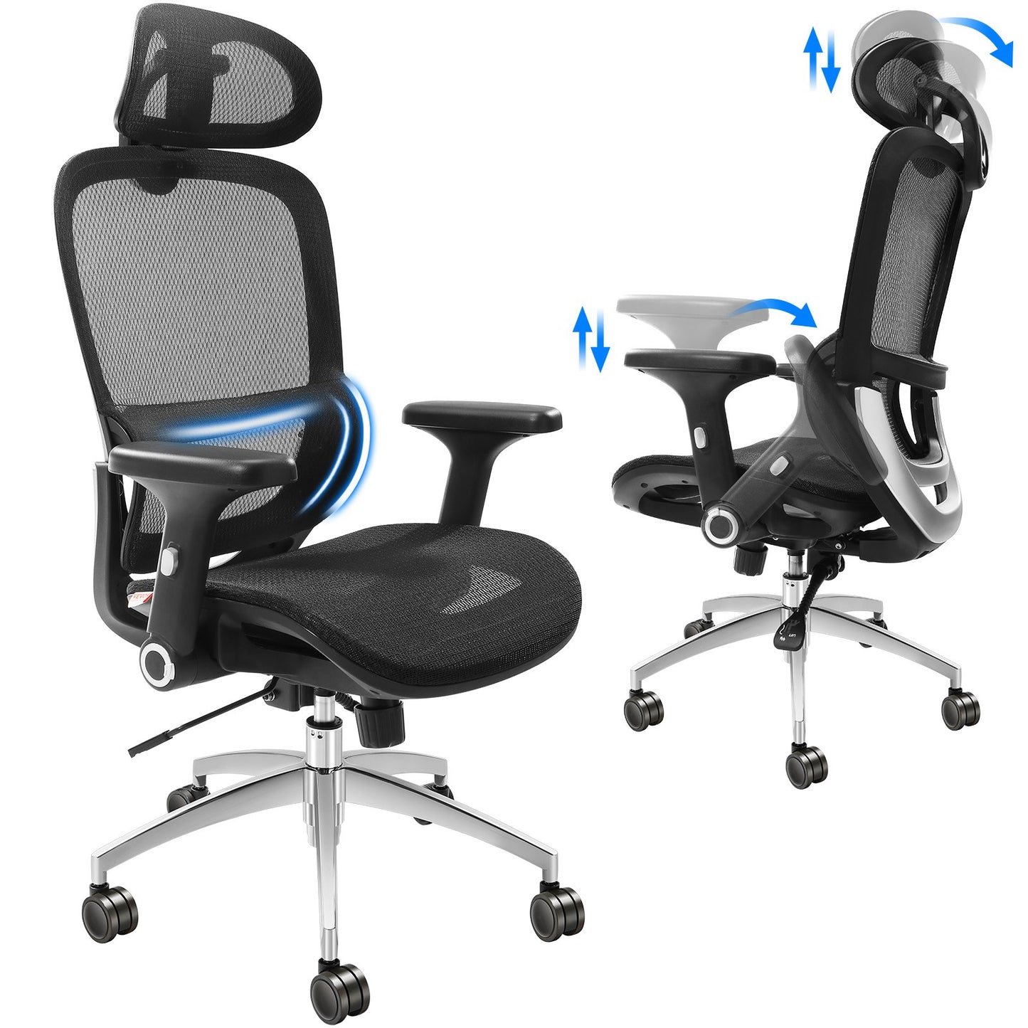 Mesh office chair, adjustable desk chair with high back and mesh seat, angle and height adjustable home office chair with lumbar and head support, swivel computer task chair