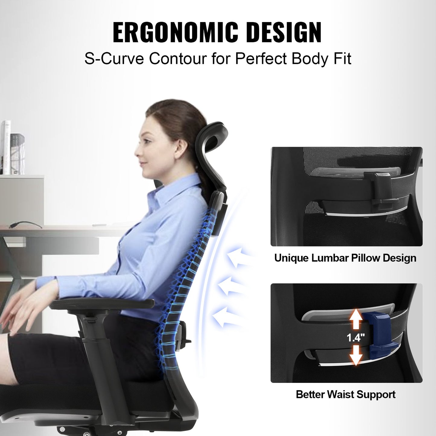 Ergonomisk kontorsstol med skjutsits, skrivbordsstol med nätsits, vinkel- och höjdjusterbar hemmakontorsstol med rygg- och svankstöd, vridbar datorstol