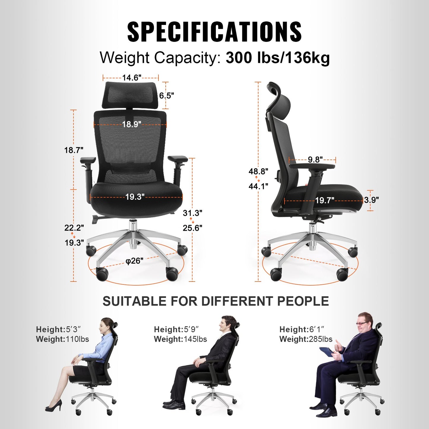 Ergonomisk kontorsstol med skjutsits, skrivbordsstol med nätsits, vinkel- och höjdjusterbar hemmakontorsstol med rygg- och svankstöd, vridbar datorstol