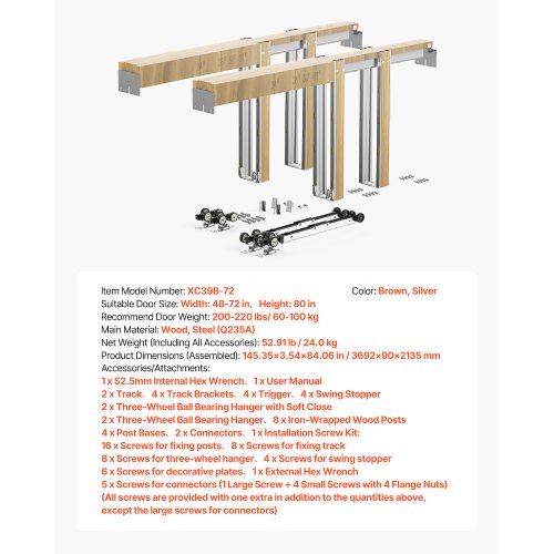 Pocket door frame kit Pocket door kit for 1219-1829 mm width 2032 mm height
