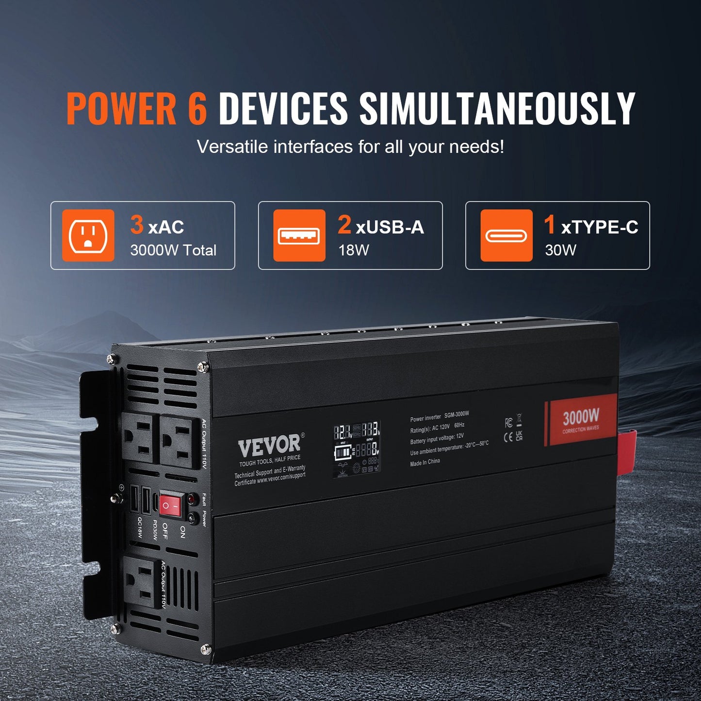 Modifierad Sine Wave Power Inverter 3000W DC12V till AC230V LCD-skärm CE FCC