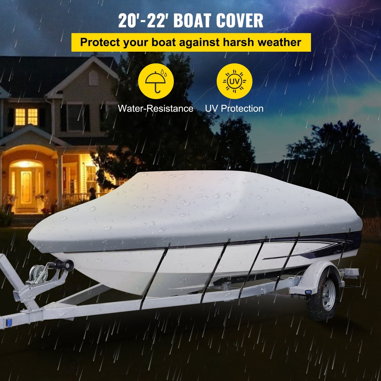 Waterproof Boat Cover, 20'-22' Towable Boat Cover, Beam Width Up to 106" Hull Cover Heavy Duty 600D Marine Grade Polyester Mooring Cover for Fits V-Hull Boat with 5 Tie Down Straps