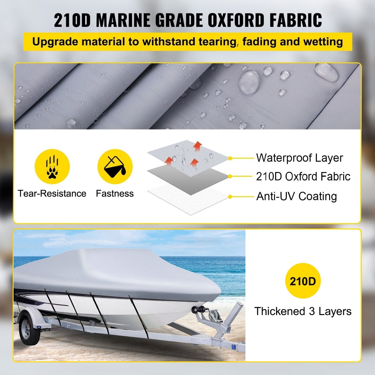 Waterproof Boat Cover, 20'-22' Towable Boat Cover, Beam Width Up to 106" Hull Cover Heavy Duty 600D Marine Grade Polyester Mooring Cover for Fits V-Hull Boat with 5 Tie Down Straps