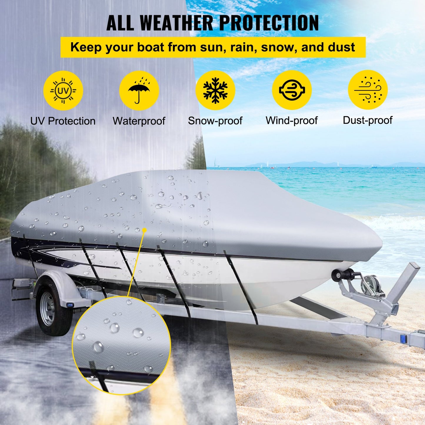 Waterproof Boat Cover, 20'-22' Towable Boat Cover, Beam Width Up to 106" Hull Cover Heavy Duty 600D Marine Grade Polyester Mooring Cover for Fits V-Hull Boat with 5 Tie Down Straps