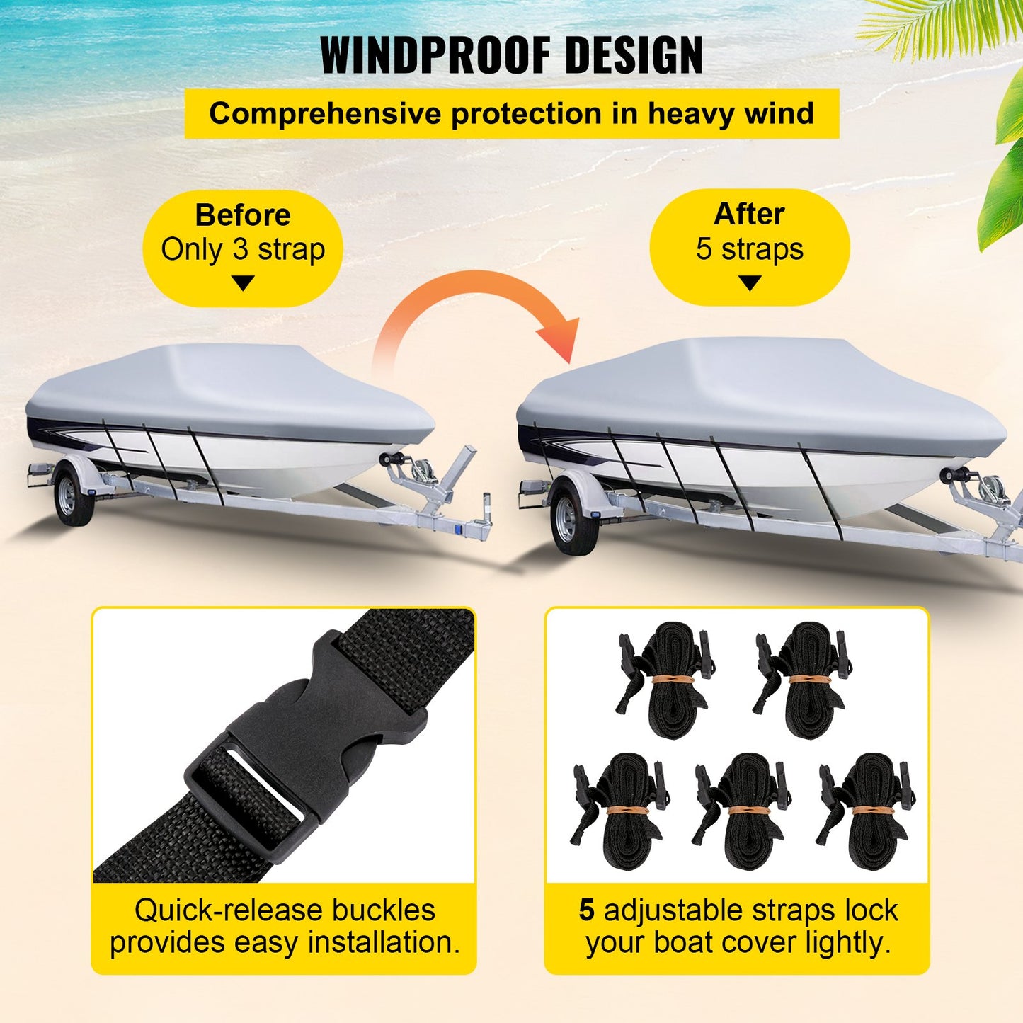 Waterproof Boat Cover, 20'-22' Towable Boat Cover, Beam Width Up to 106" Hull Cover Heavy Duty 600D Marine Grade Polyester Mooring Cover for Fits V-Hull Boat with 5 Tie Down Straps