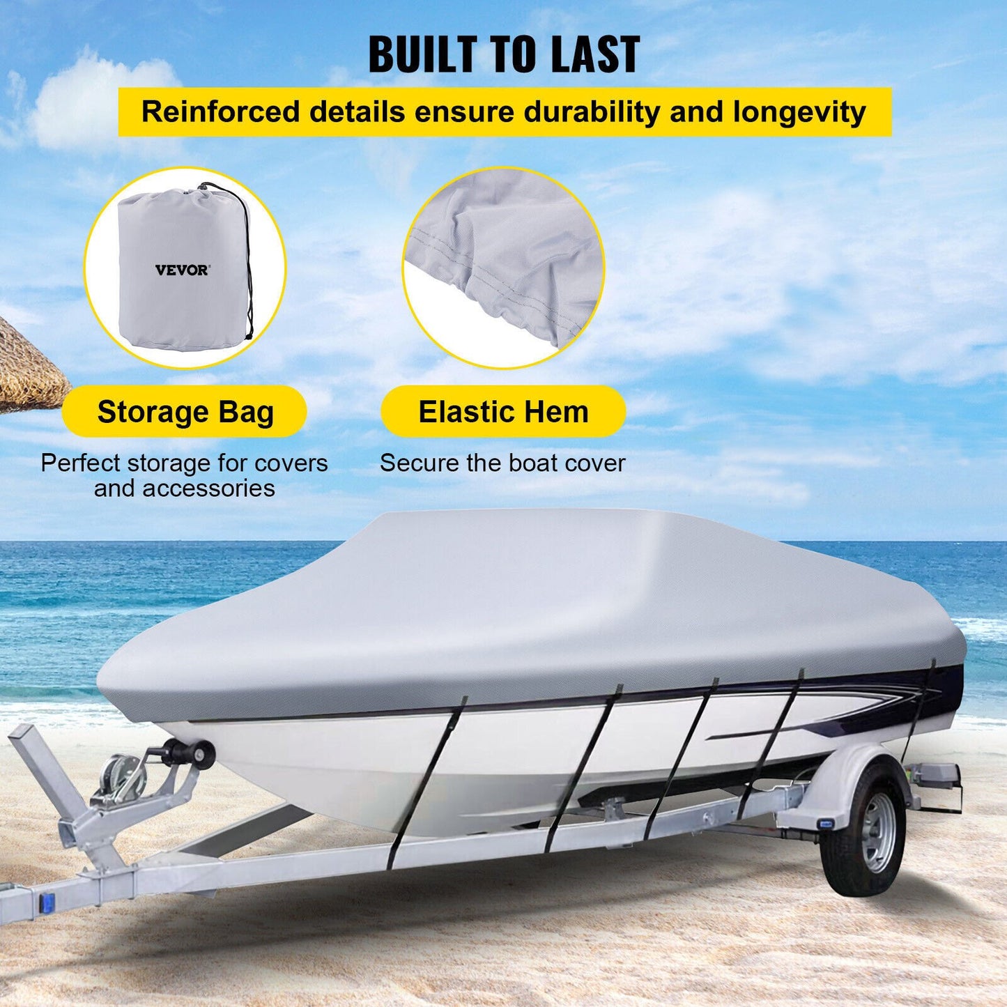 Waterproof Boat Cover, 20'-22' Towable Boat Cover, Beam Width Up to 106" Hull Cover Heavy Duty 600D Marine Grade Polyester Mooring Cover for Fits V-Hull Boat with 5 Tie Down Straps