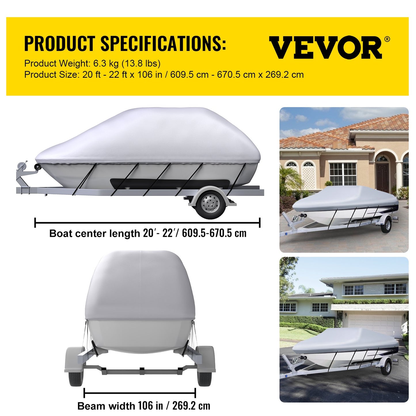 Waterproof Boat Cover, 20'-22' Towable Boat Cover, Beam Width Up to 106" Hull Cover Heavy Duty 600D Marine Grade Polyester Mooring Cover for Fits V-Hull Boat with 5 Tie Down Straps