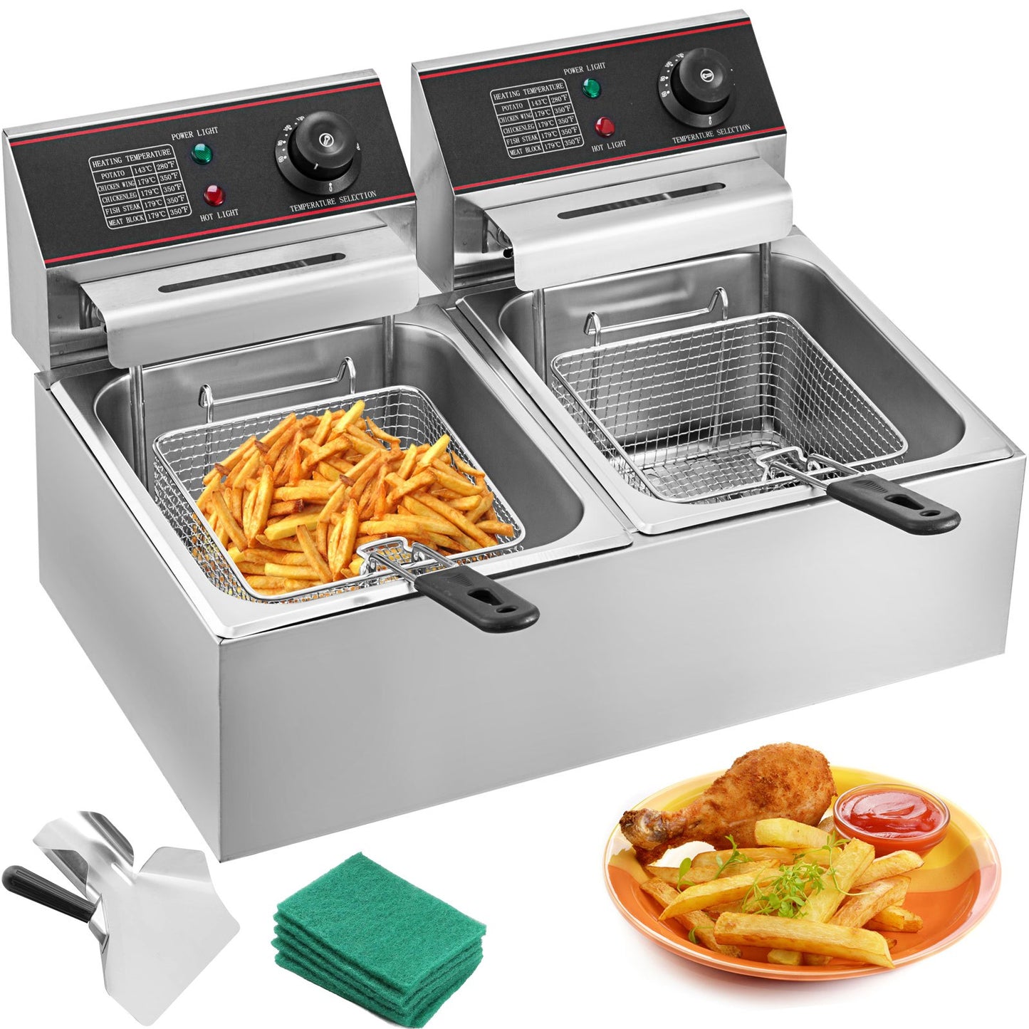 Commercial Fryer 12L Electric Fryer 5000W Double Basket YB-82 Electric Fryer with Double Tanks, Stainless Steel Countertop Commercial French Fryer