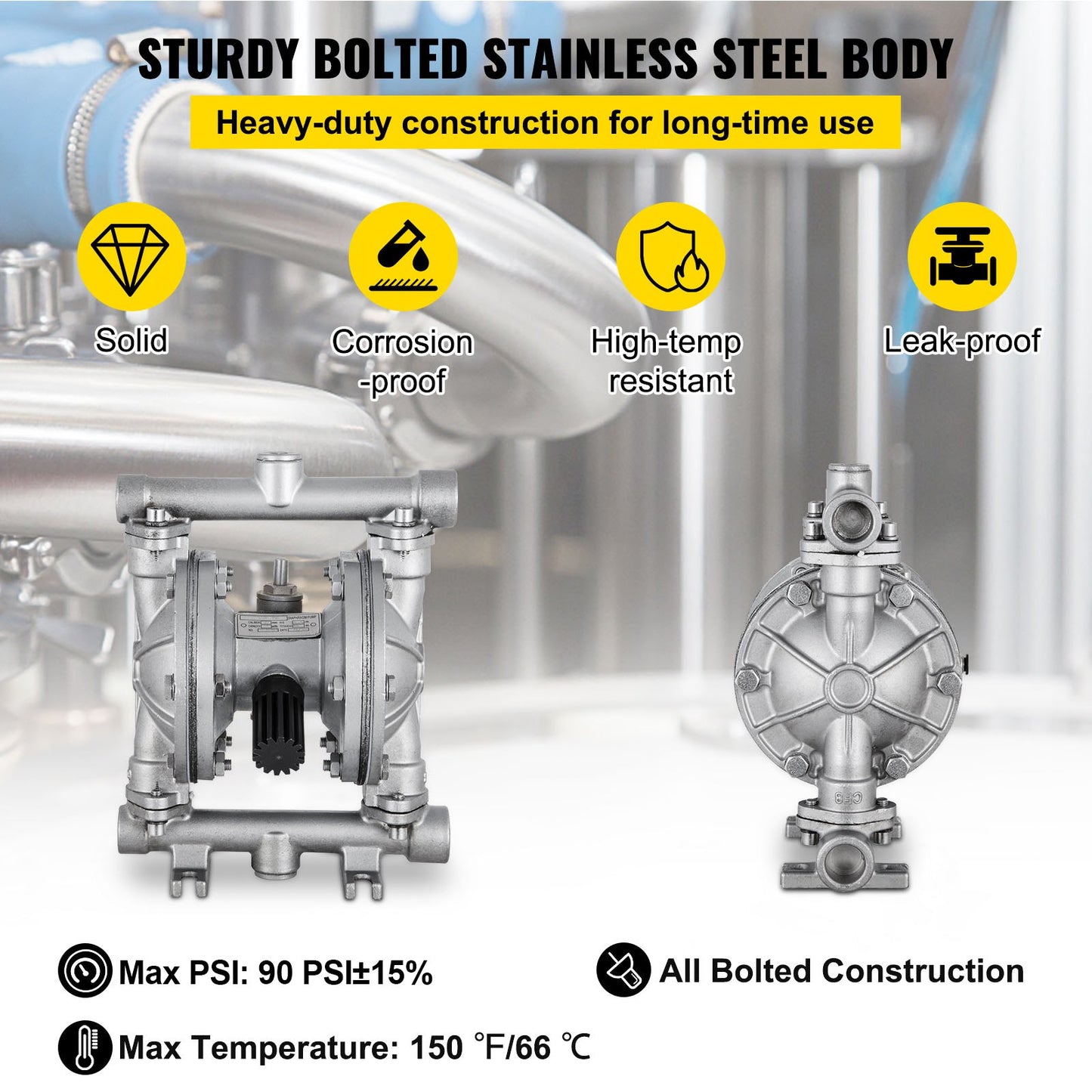Luftdriven dubbelmembranpump, 1/2 inlopp och utlopp, kropp i rostfritt stål, 3 GPM & Max 90PSI, PTFE-membran pneumatisk överföringspump för petroleum, diesel, olja och lågviskösa vätskor