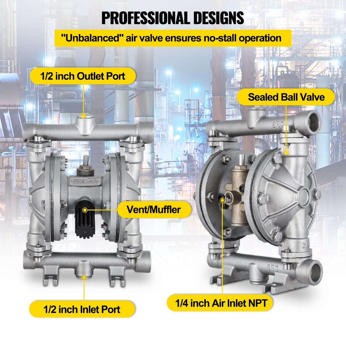 Luftdriven dubbelmembranpump, 1/2 inlopp och utlopp, kropp i rostfritt stål, 3 GPM & Max 90PSI, PTFE-membran pneumatisk överföringspump för petroleum, diesel, olja och lågviskösa vätskor
