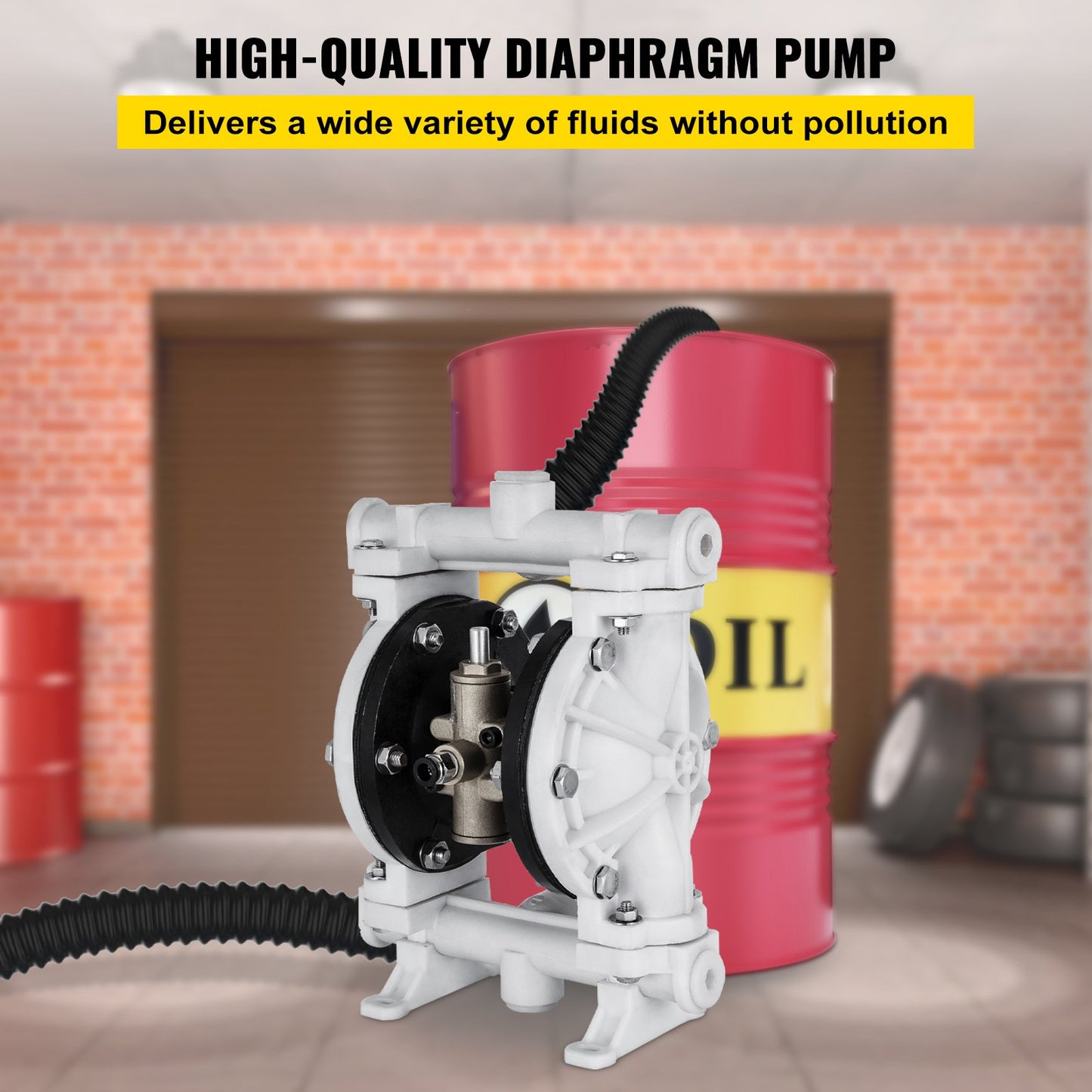 Luftdriven dubbelmembranpump, 1/2 inlopp och utlopp, polypropenkropp, 2,5 GPM & Max 80PSI, PTFE-membran pneumatisk överföringspump för petroleum, diesel, olja och lågviskösa vätskor