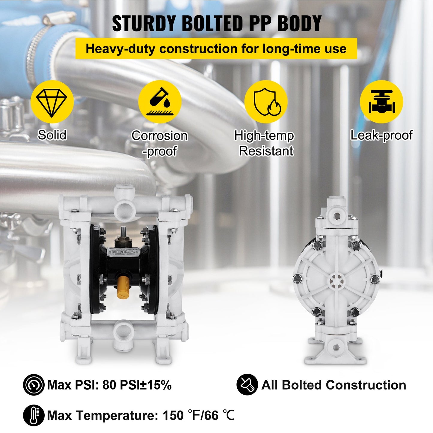 Luftdriven dubbelmembranpump, 1/2 inlopp och utlopp, polypropenkropp, 2,5 GPM & Max 80PSI, PTFE-membran pneumatisk överföringspump för petroleum, diesel, olja och lågviskösa vätskor