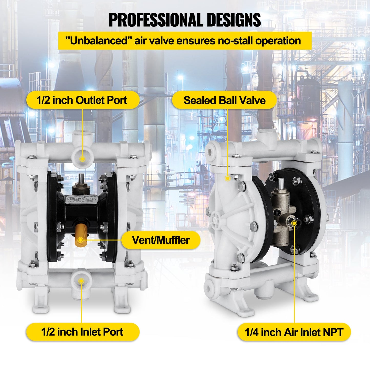 Luftdriven dubbelmembranpump, 1/2 inlopp och utlopp, polypropenkropp, 2,5 GPM & Max 80PSI, PTFE-membran pneumatisk överföringspump för petroleum, diesel, olja och lågviskösa vätskor