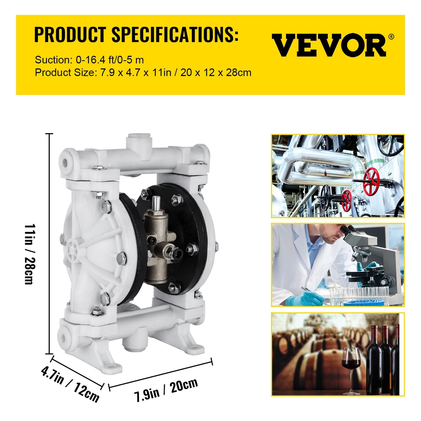 Luftdriven dubbelmembranpump, 1/2 inlopp och utlopp, polypropenkropp, 2,5 GPM & Max 80PSI, PTFE-membran pneumatisk överföringspump för petroleum, diesel, olja och lågviskösa vätskor