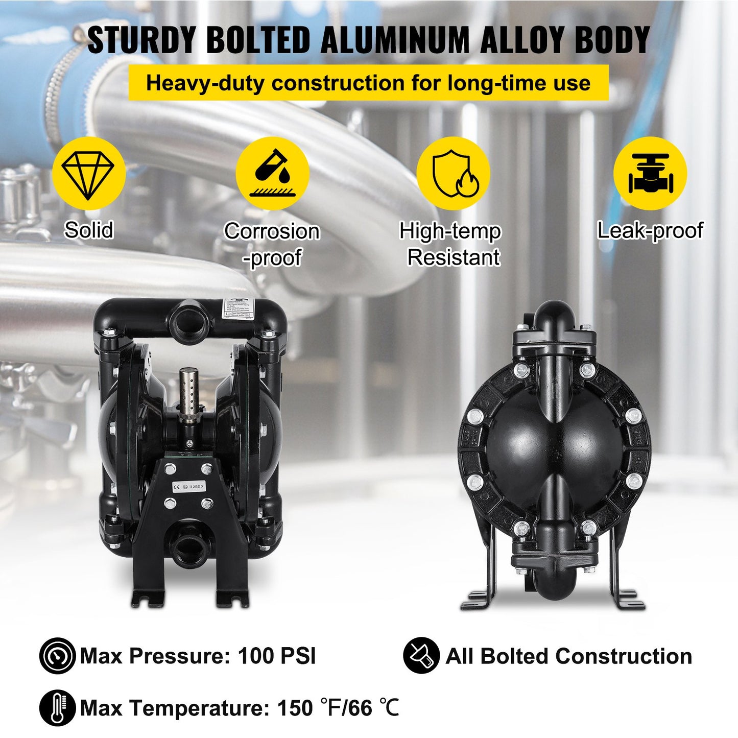 Luftdriven dubbelmembranpump 1 tum Inlopp Utlopp Aluminium 35 GPM Max 120PSI, Nitrilmembran, QBY4-25L-1inch-35