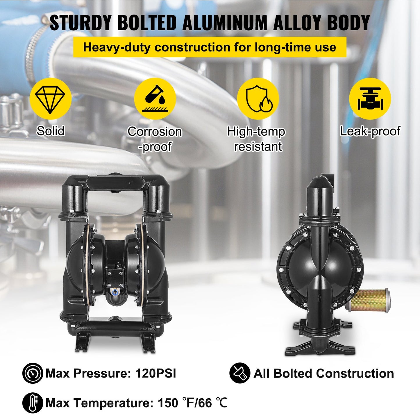 Luftdriven dubbelmembranpump, 2 tums inlopp och utlopp, kropp av aluminiumlegering, 75 GPM & Max 120PSI, Nitrilmembranöverföringspump för petroleum, diesel, olja och lågviskösa vätskor
