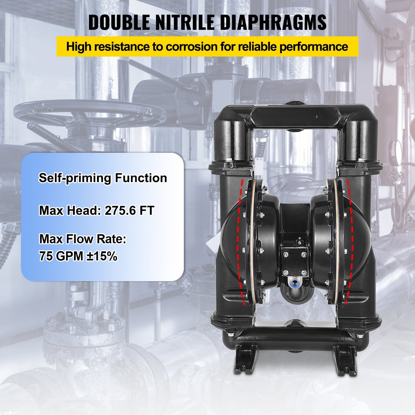 Luftdriven dubbelmembranpump, 2 tums inlopp och utlopp, kropp av aluminiumlegering, 75 GPM & Max 120PSI, Nitrilmembranöverföringspump för petroleum, diesel, olja och lågviskösa vätskor