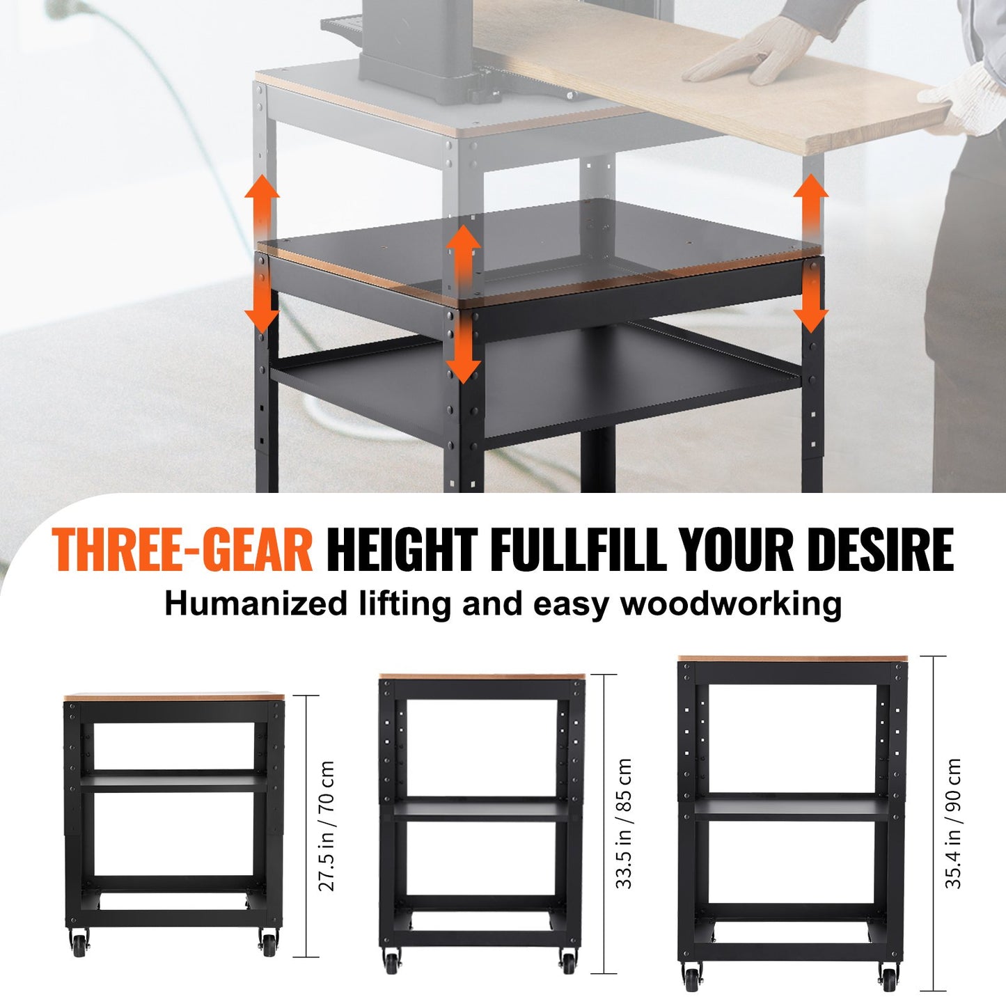 Planhyvel Hyvelställ 100 lbs/ 45 kg tunga laster Hyvelbord med tre växlar i höjdled med 4 stabila hjul och förvaringsutrymme