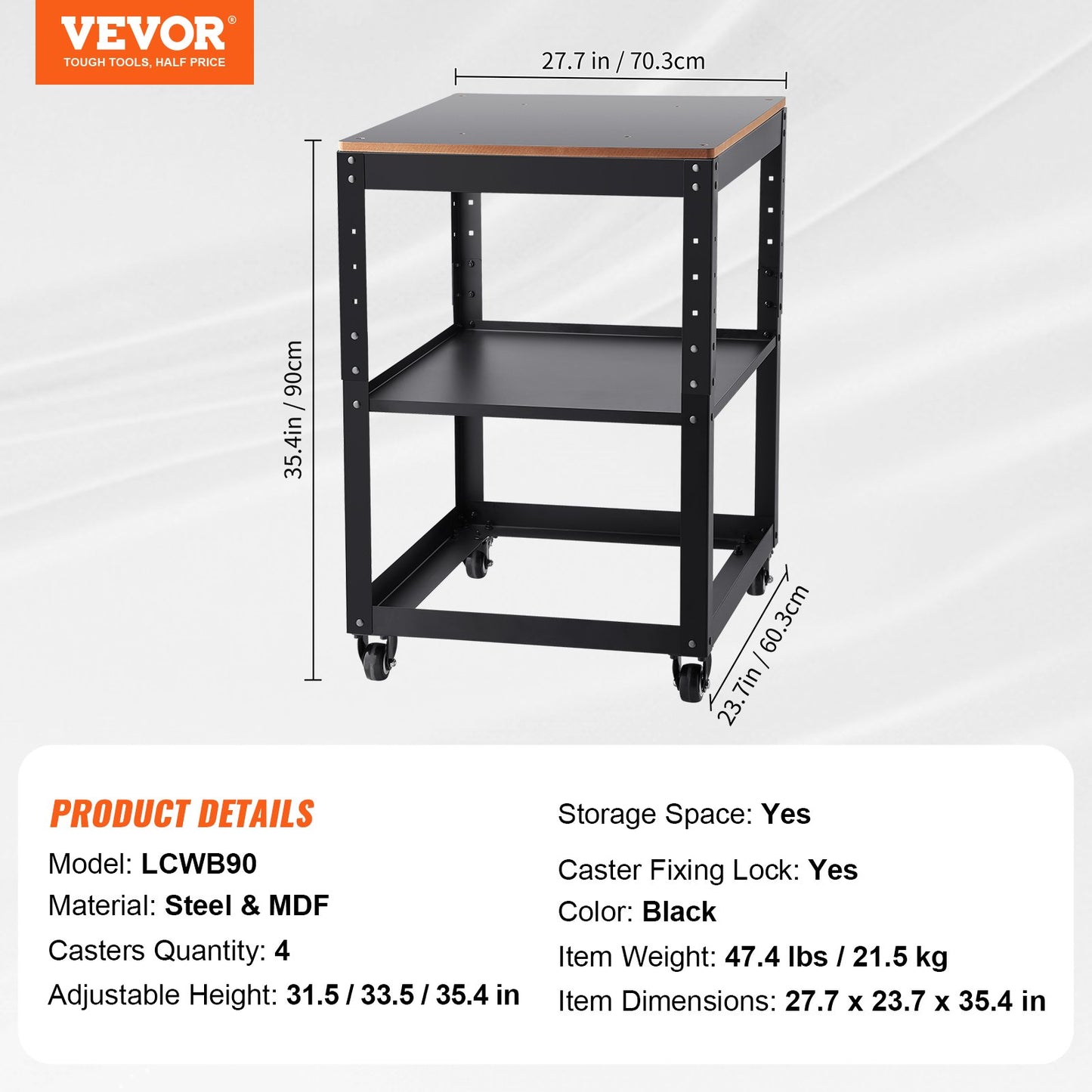Planhyvel Hyvelställ 100 lbs/ 45 kg tunga laster Hyvelbord med tre växlar i höjdled med 4 stabila hjul och förvaringsutrymme