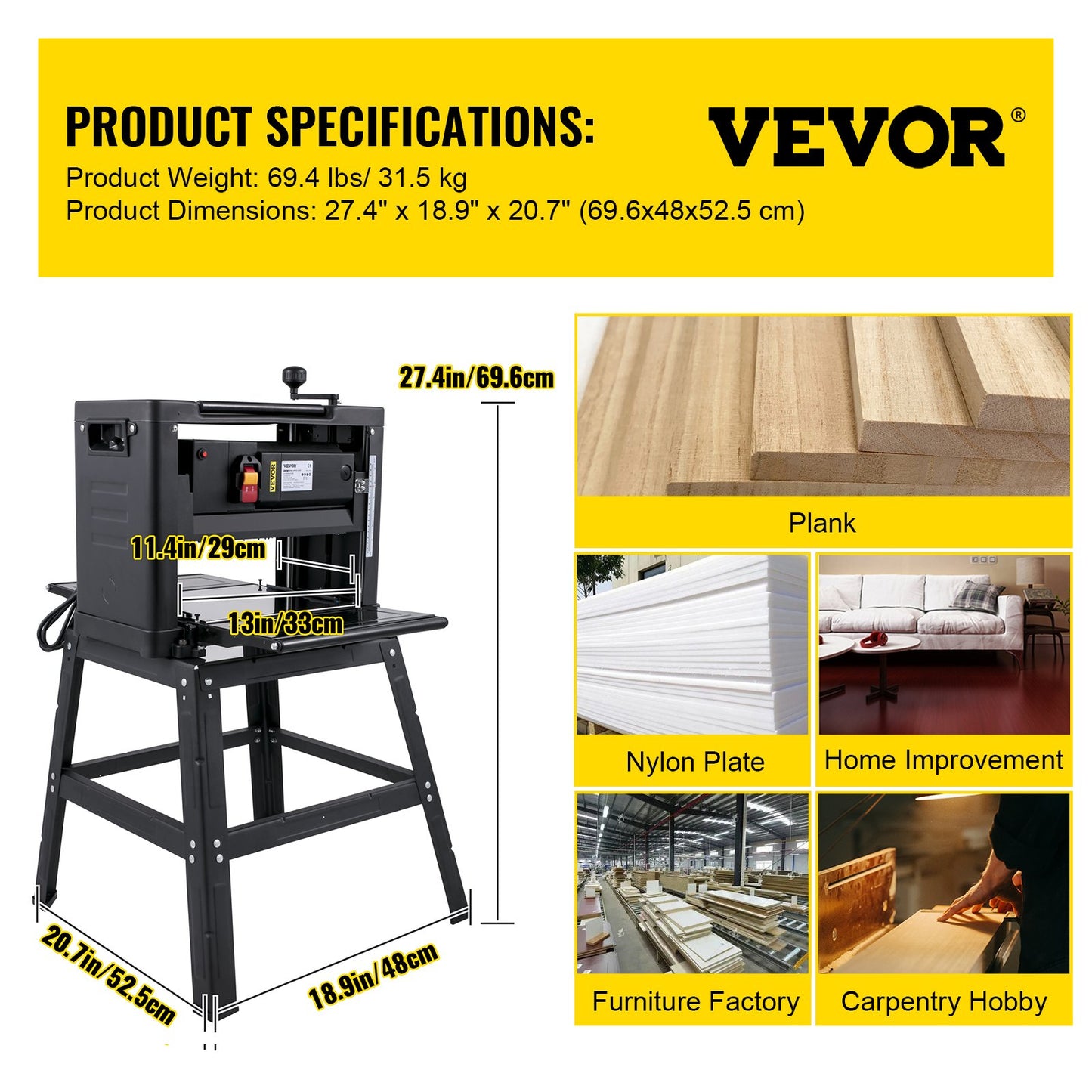 Thicknesser 13-inch Bench Planer 2000W Wood Planer 8000 rpm Wood Planer 10 AMP Wood Planer Foldable 6m/min Planing Speed with Iron Stand Dust Extractor for Woodworking Wood Plank