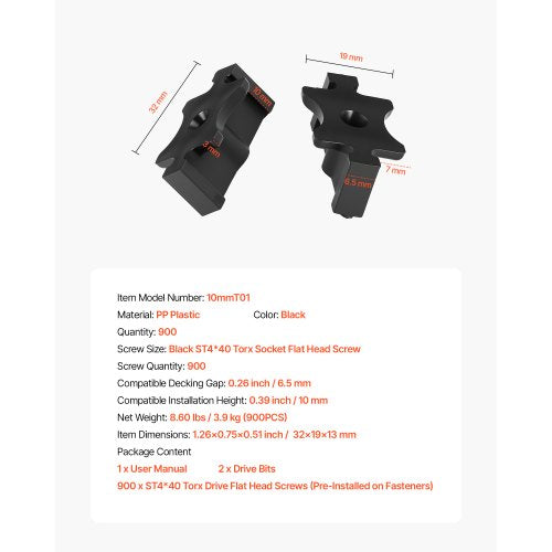 900 st dolda däckfästen för komposittrallbrädor, universella komposit-T-klämmor och dolda plastfästen med metallskruvar, polypropylen-PP-klämmor fungerar med 6,5 mm springor, svart | EU