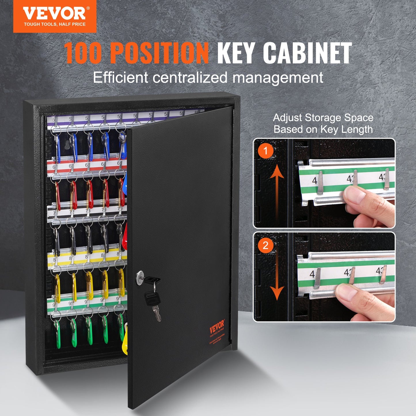 100-key cabinet key lock box with adjustable racks and colorful key tags