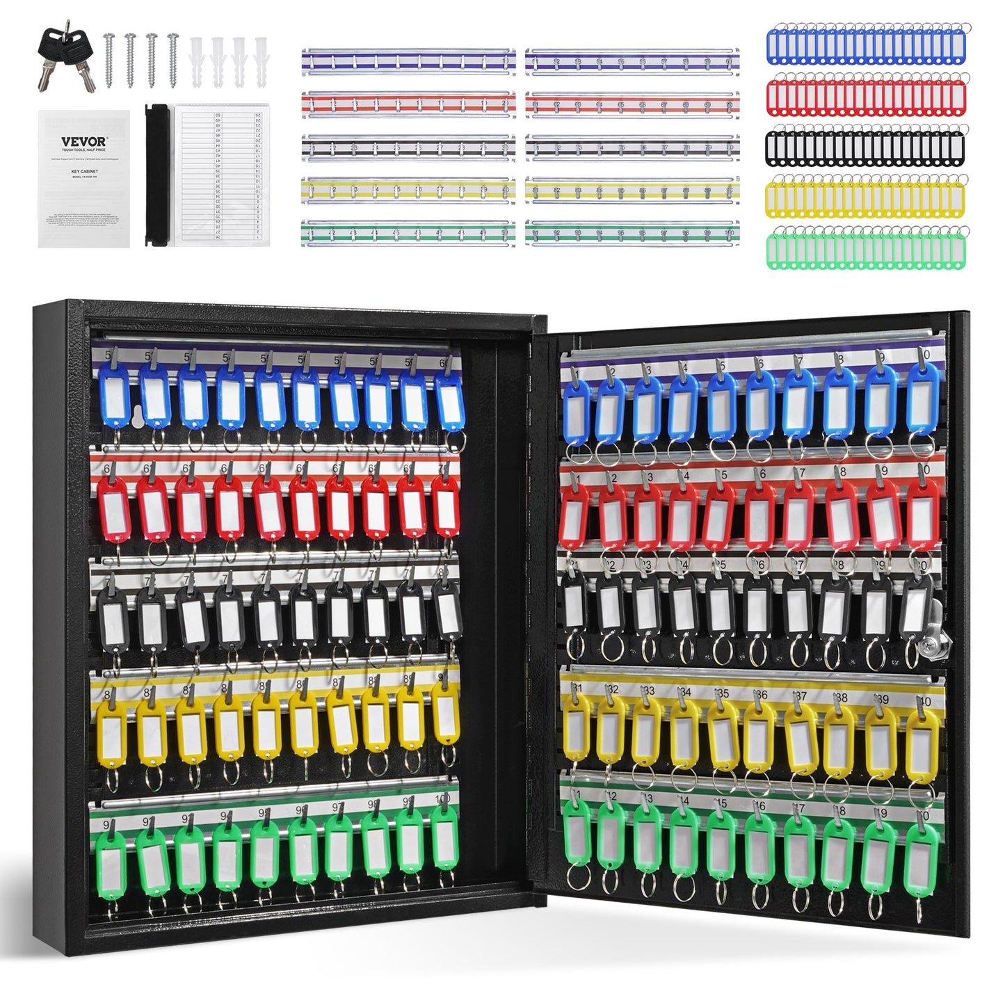 100-key cabinet key lock box with adjustable racks and colorful key tags