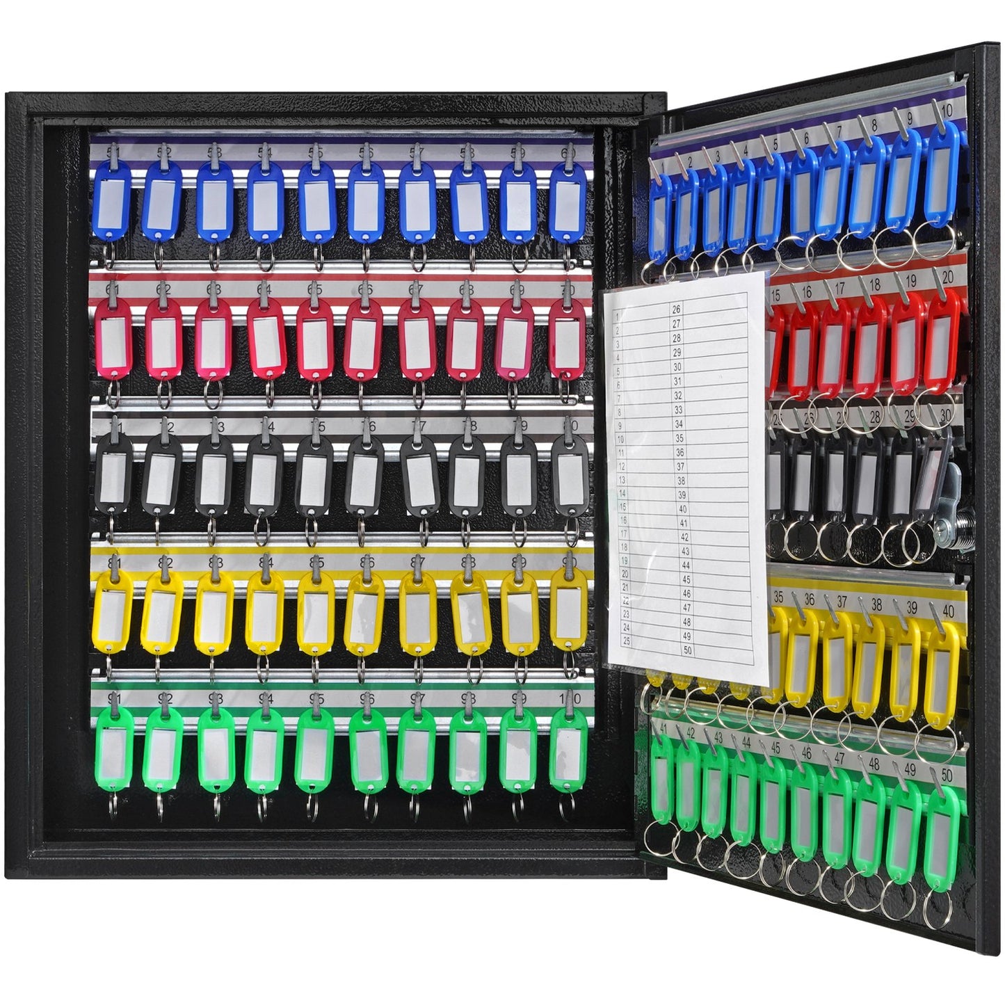 100-key cabinet key lock box with adjustable racks and colorful key tags