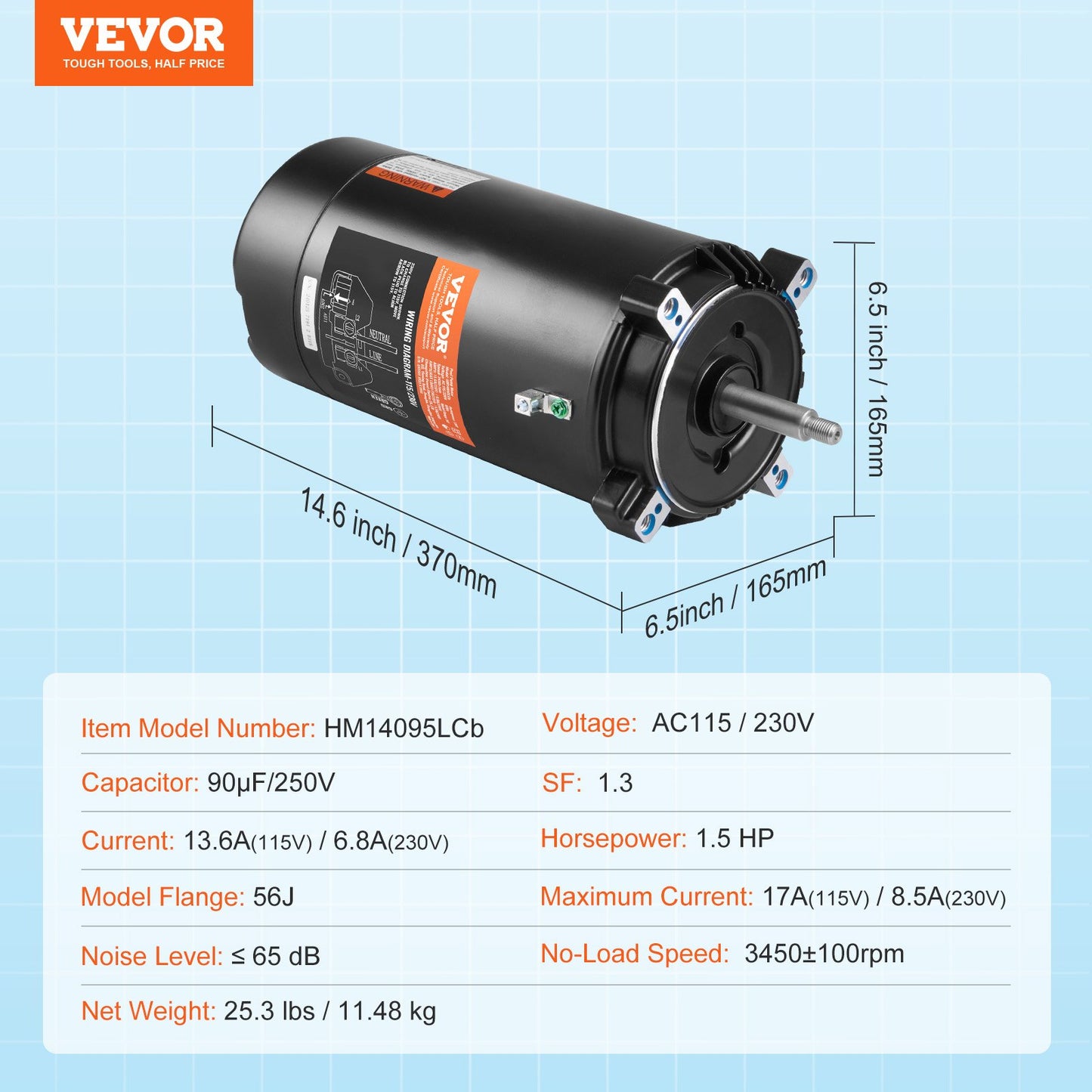 1,5HP Poolpumpmotor 115/230V 13,6/6,8A 56J 3450RPM 90μF/250V Kondensator