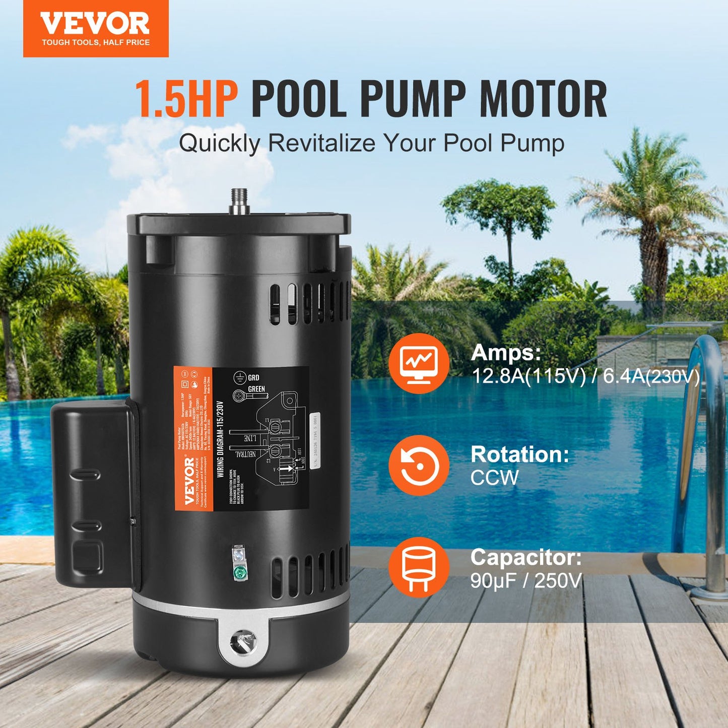 1,5HP poolpumpsmotor 115/230V 12,8/6,4A 56Y 3450RPM 90μF/250V kondensator