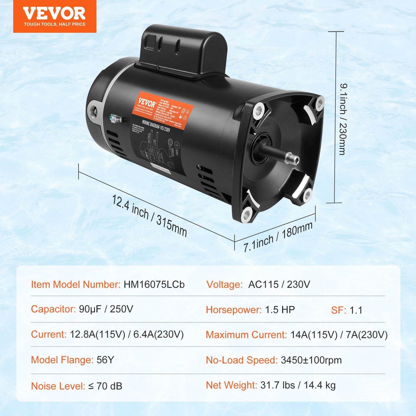 1,5HP poolpumpsmotor 115/230V 12,8/6,4A 56Y 3450RPM 90μF/250V kondensator