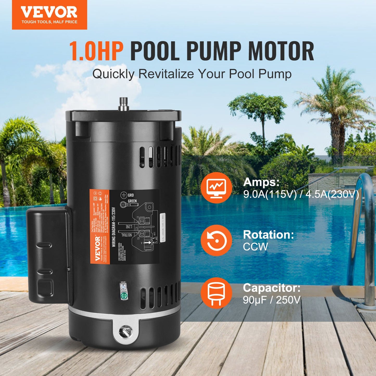 1HP poolpumpmotor 115/230V 9/4,5 ampere 56Y 3450RPM 90μF/250V kondensator