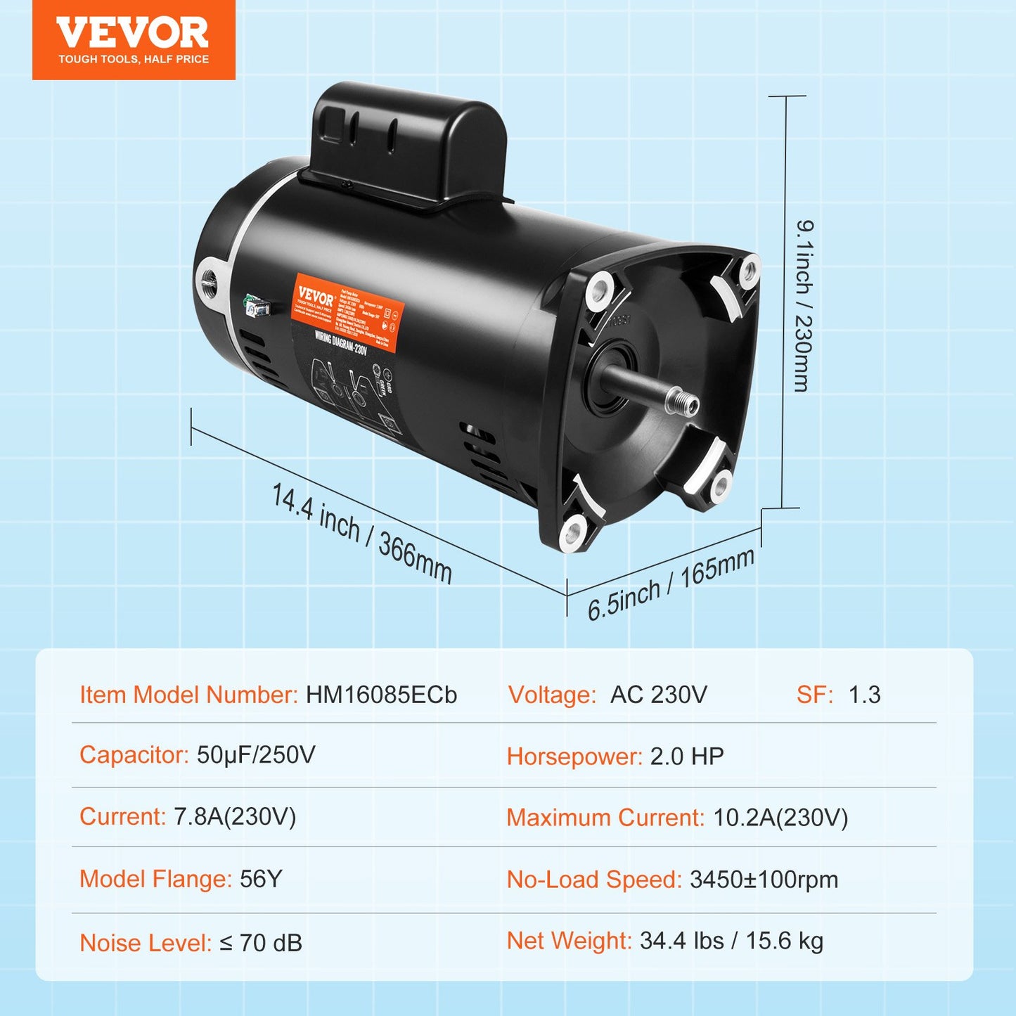 2HP poolpumpsmotor 230V 60Hz 7,8Ampere 56Y 3450RPM 50μF/250V kondensator