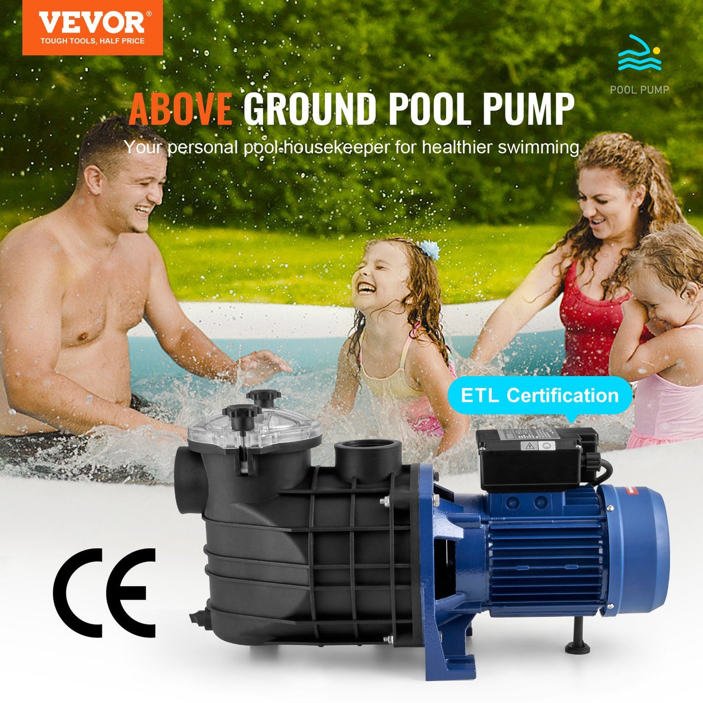 Poolpumpe, 2,5 PS, 120 GPM, max. Durchfluss, Einzelgeschwindigkeits-Filterpumpe, 220 V, 2850 U/min, 50 Fuß max. Förderhöhe, Poolpumpe mit Filterkorb für oberirdische Pools, Whirlpools und Spas