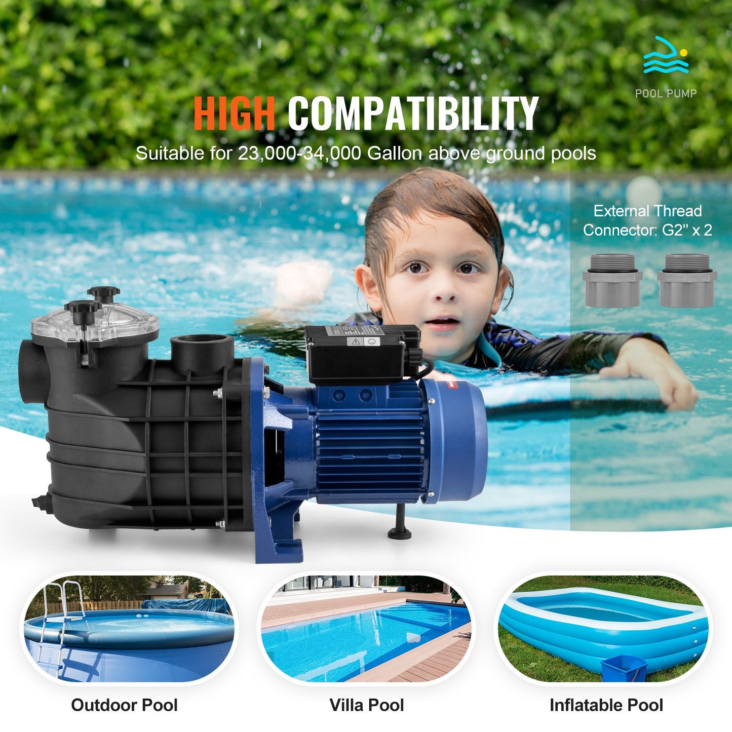 Poolpumpe, 2,5 PS, 120 GPM, max. Durchfluss, Einzelgeschwindigkeits-Filterpumpe, 220 V, 2850 U/min, 50 Fuß max. Förderhöhe, Poolpumpe mit Filterkorb für oberirdische Pools, Whirlpools und Spas