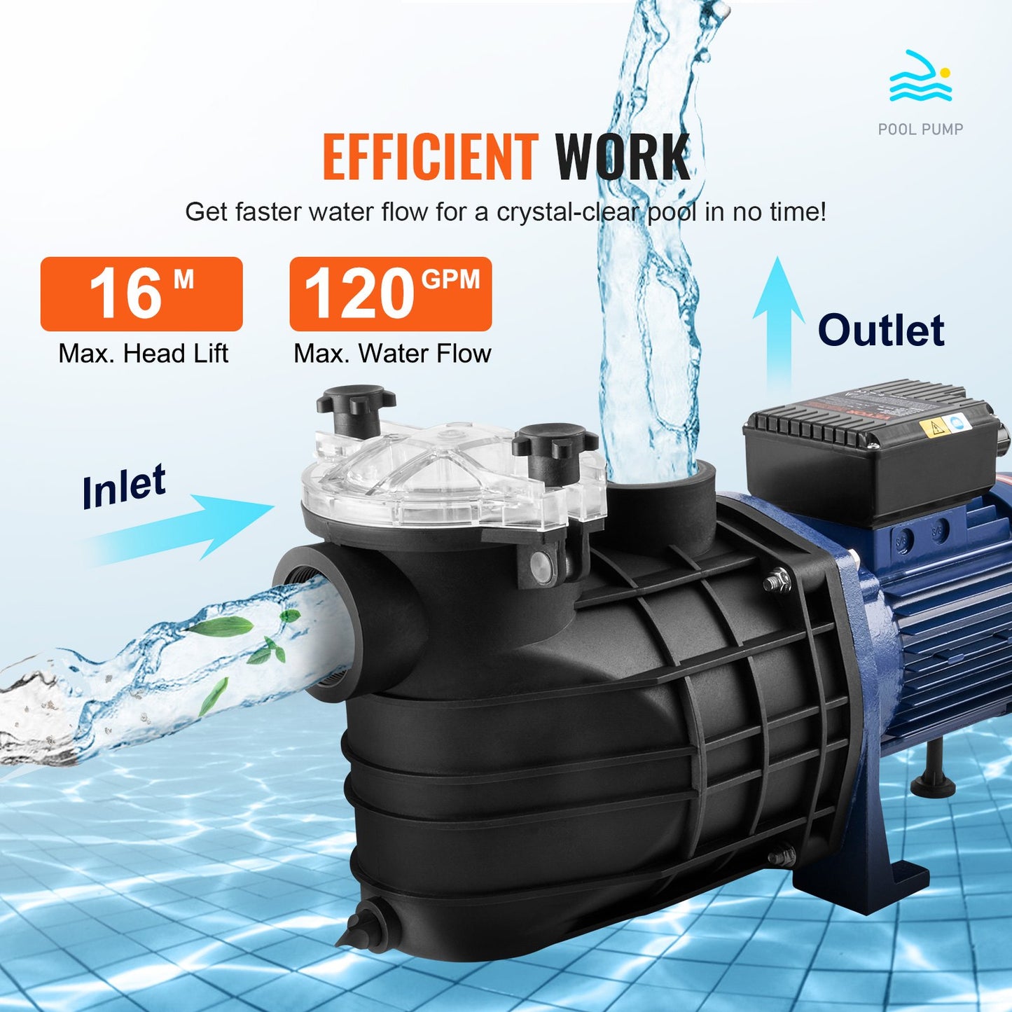 Poolpumpe, 2,5 PS, 120 GPM, max. Durchfluss, Einzelgeschwindigkeits-Filterpumpe, 220 V, 2850 U/min, 50 Fuß max. Förderhöhe, Poolpumpe mit Filterkorb für oberirdische Pools, Whirlpools und Spas