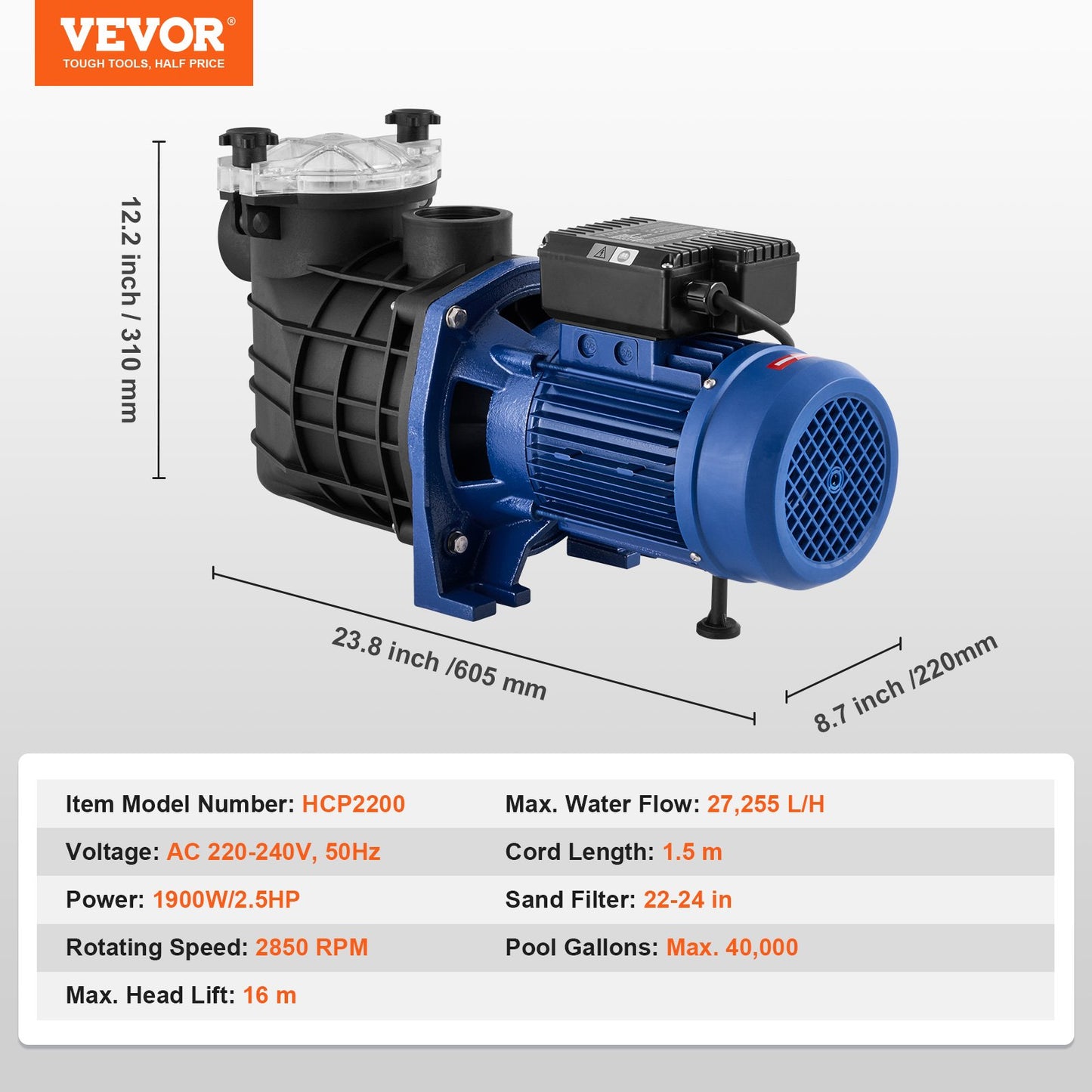 Poolpumpe, 2,5 PS, 120 GPM, max. Durchfluss, Einzelgeschwindigkeits-Filterpumpe, 220 V, 2850 U/min, 50 Fuß max. Förderhöhe, Poolpumpe mit Filterkorb für oberirdische Pools, Whirlpools und Spas