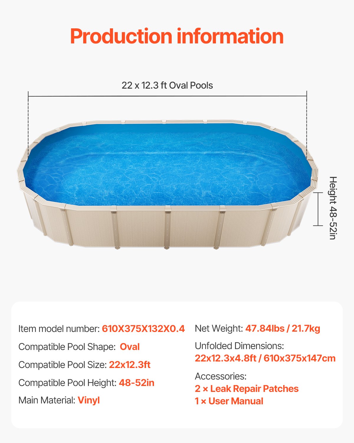 Oval Pool Liner 22 x 12,3 ft Overlapp Style Pool Liner 52in Vägghöjd