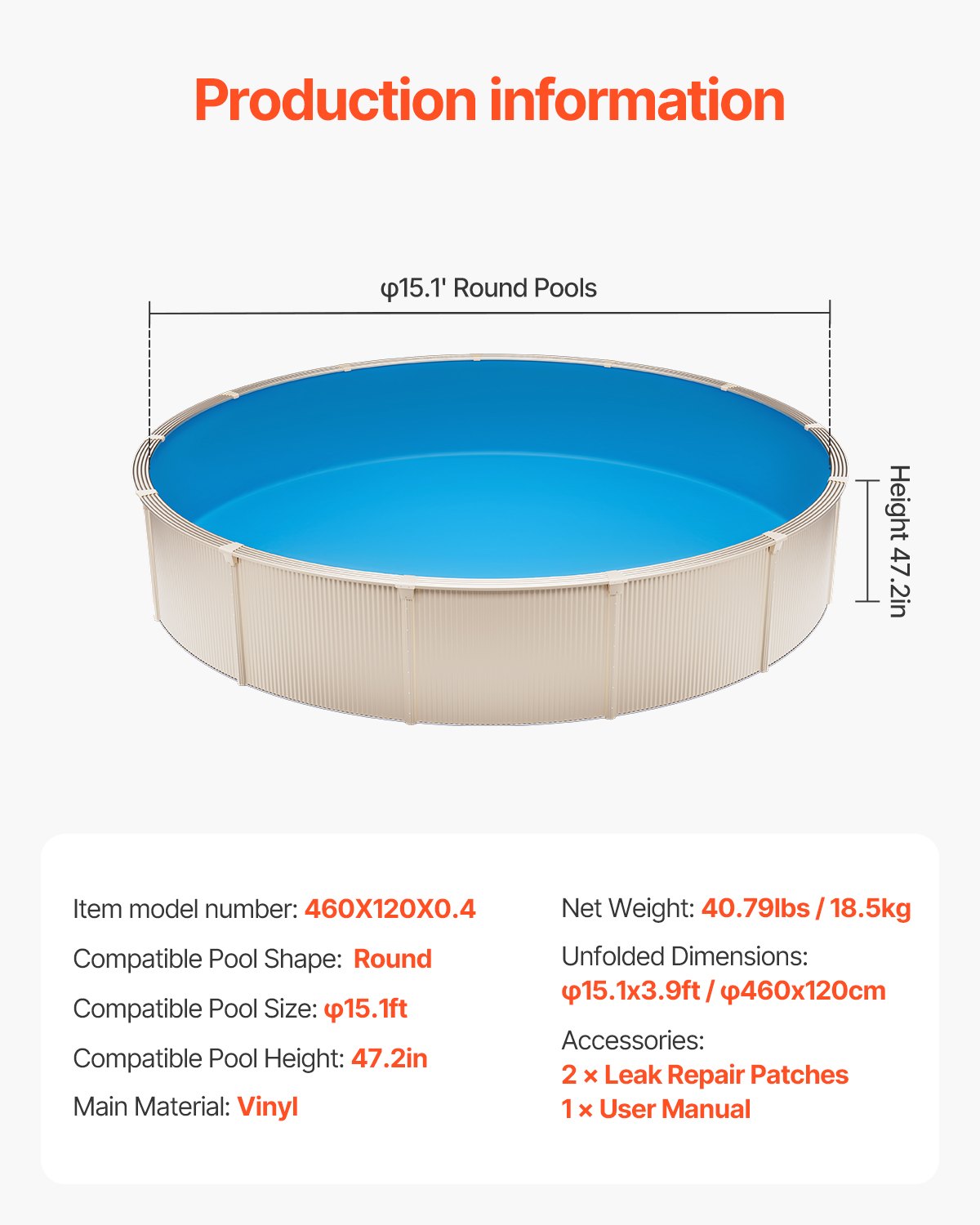 Round Pool Liner 15ft Unibead Pool Liner 47in Vägghöjd Enfärgad